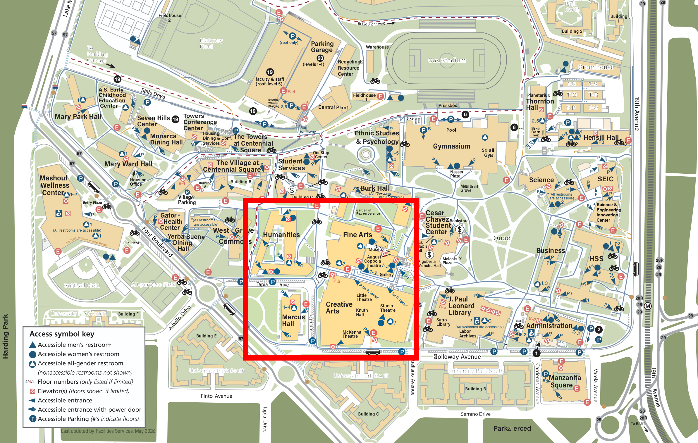A map of SFSU, with the four LCA buildings circled in red.