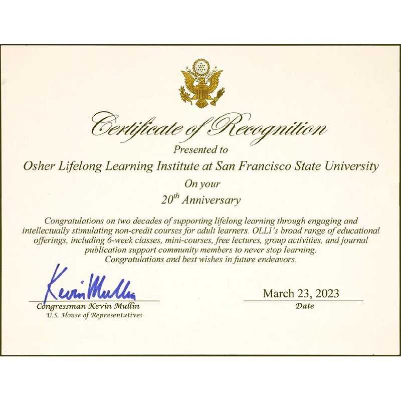 Congressman Kevin Mullin: Certificate of Recognition
