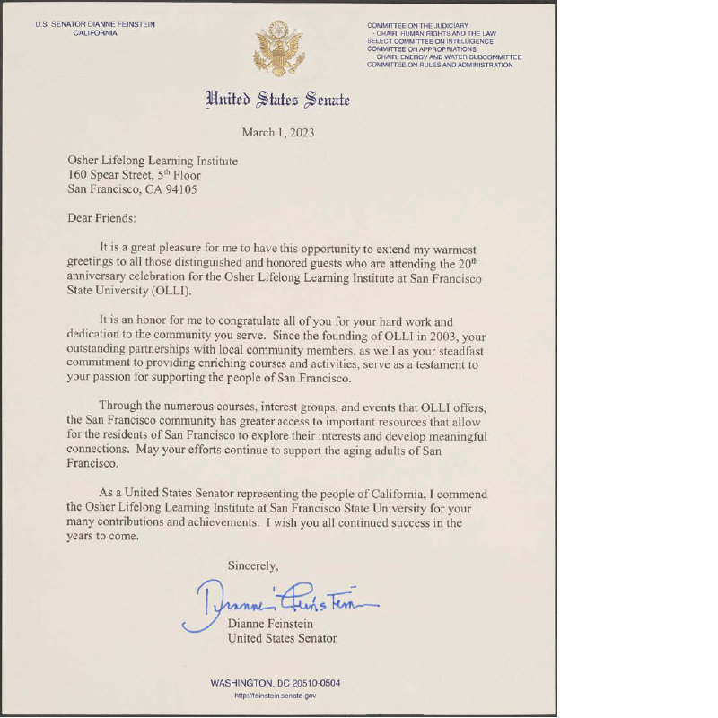 U.S. Senator Dianne Feinstein Letter of Congratulations