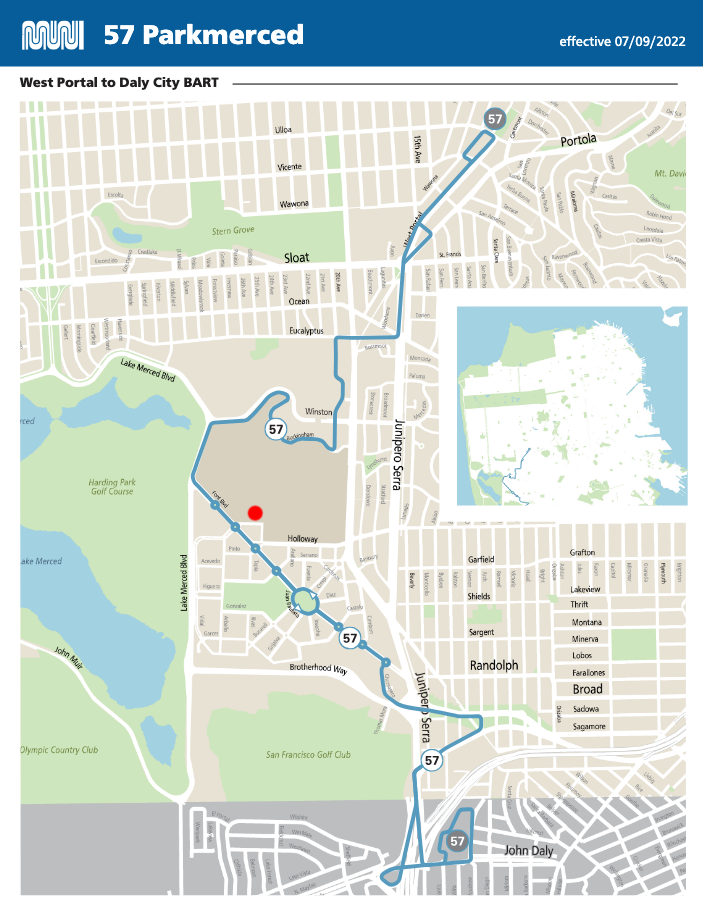 Map of bus route 57, with a red dot indicating where the Humanities building is.
