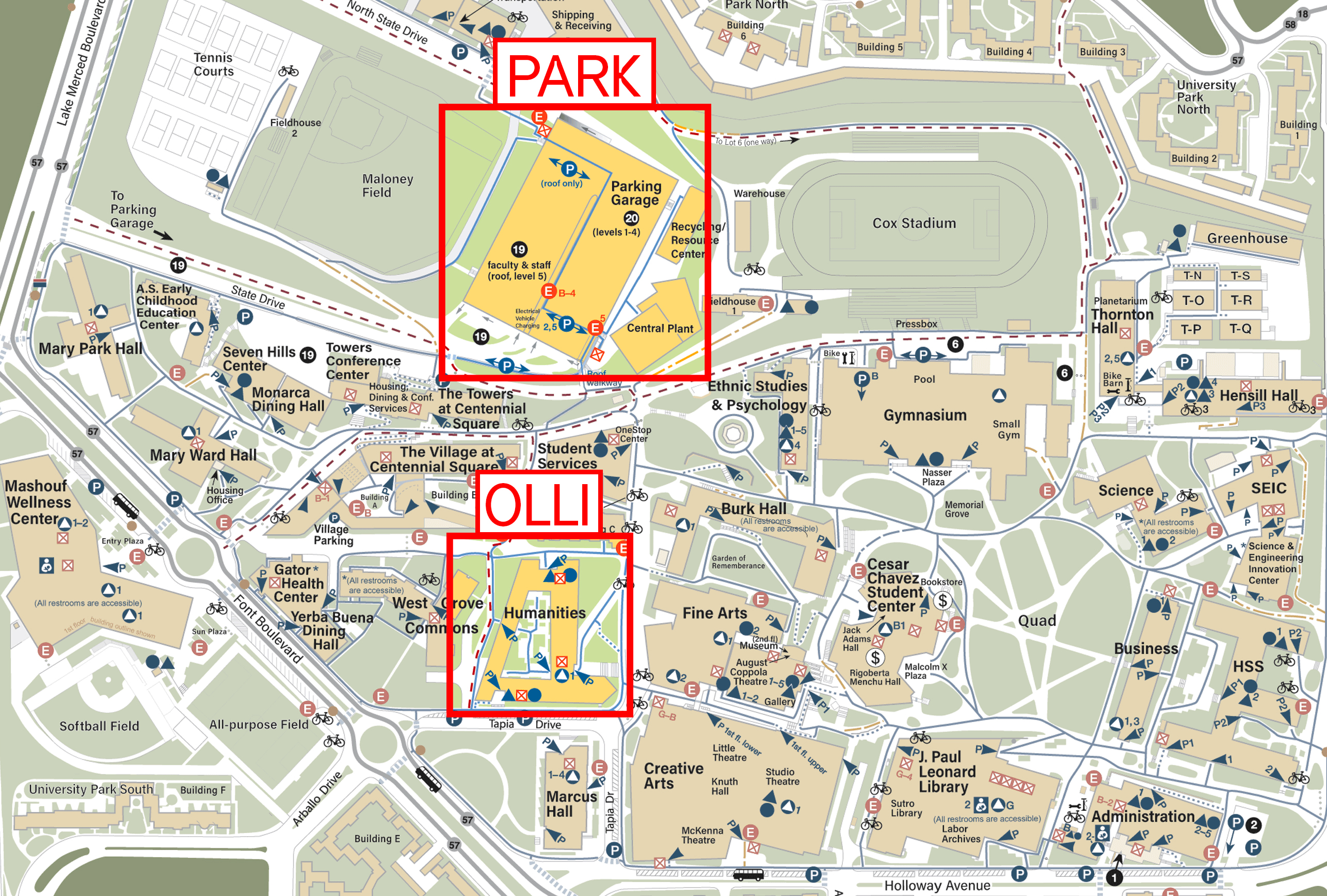 Lot 20 (parking) circled in a red rectangle in relation to the Humanities building, where OLLI is located.