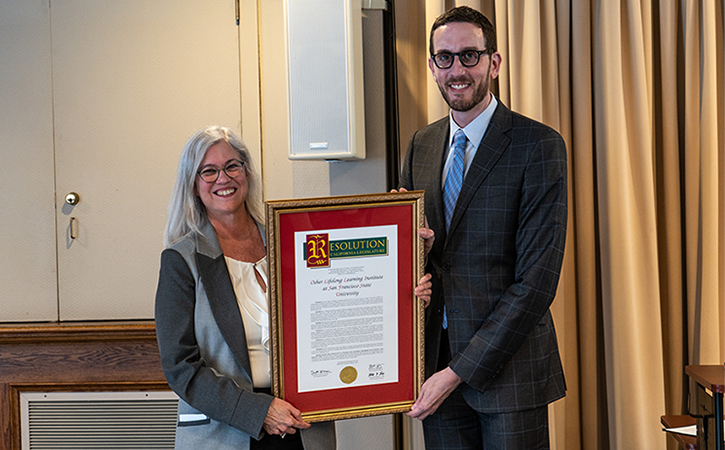 Scott Wiener presents Proclamation to OLLI SF State Director, Kathy Bruin