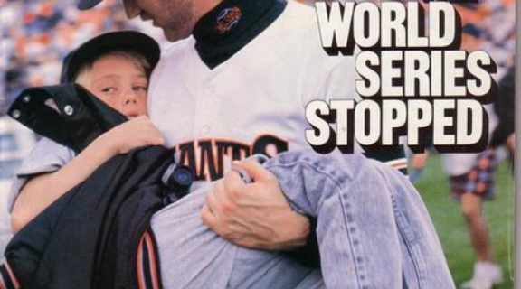 Sports Illustrated cover after the Loma Prieta earthquake of a baseball player holding a boy.